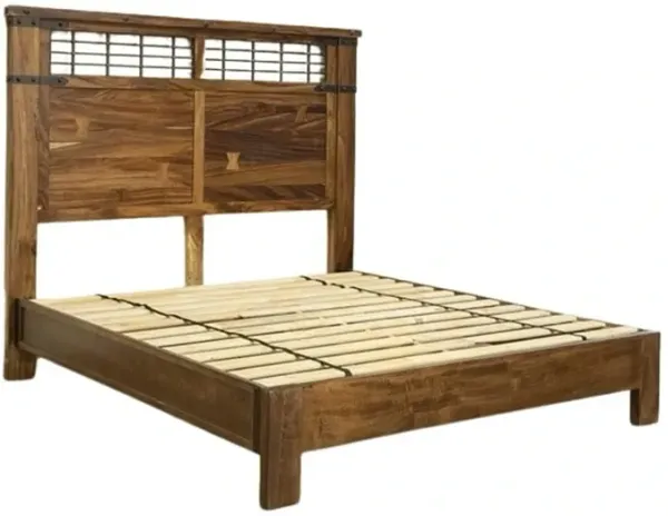 Umey Queen Size Bed, Tall Headboard, Black Iron Accents, Brown Mango Wood - Benzara
