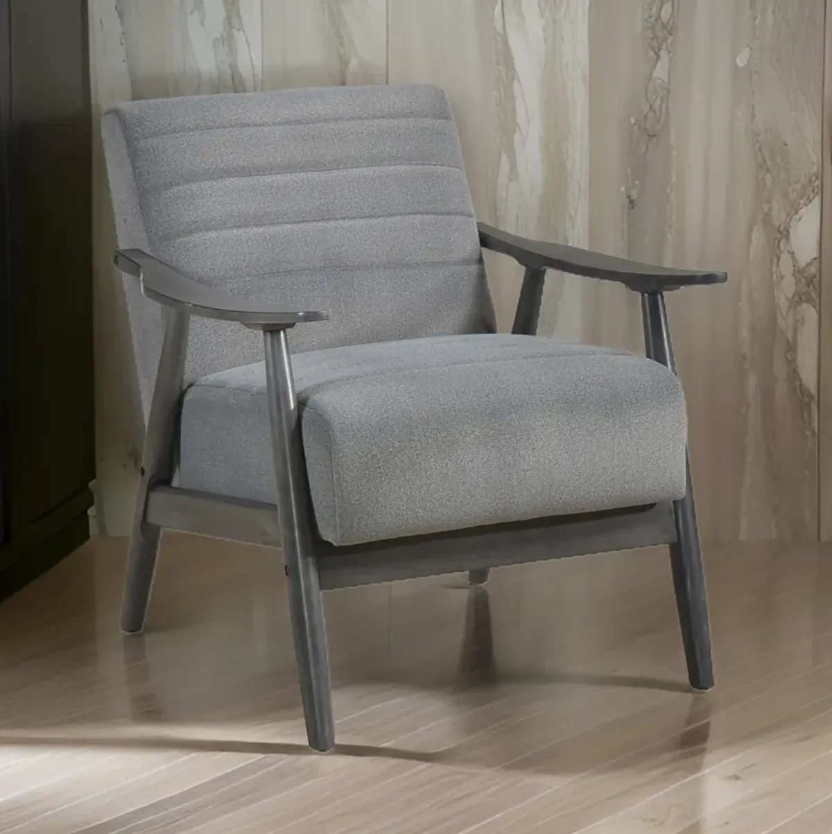 Tira 32 Inch Accent Chair, Channel Stitched, Gray Velvet, Solid Wood Frame - Benzara