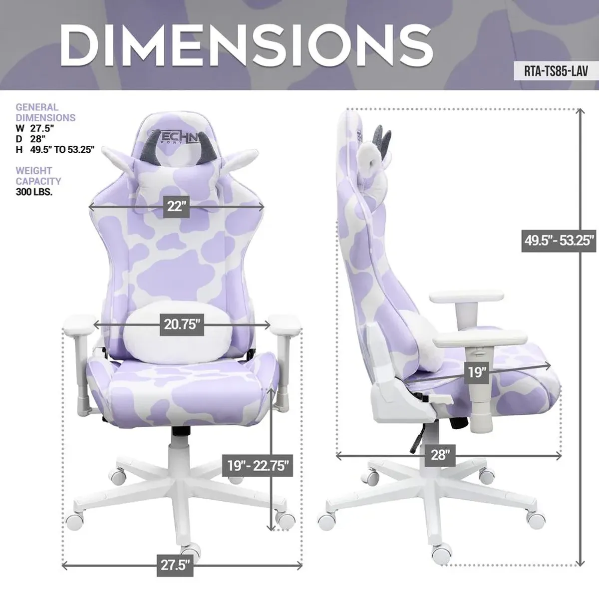 Techni Sport TS85 Lavender Print COW Series Gaming Chair