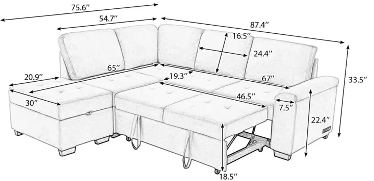 L-Shaped Sleeper Sectional Sofa with USB Charge