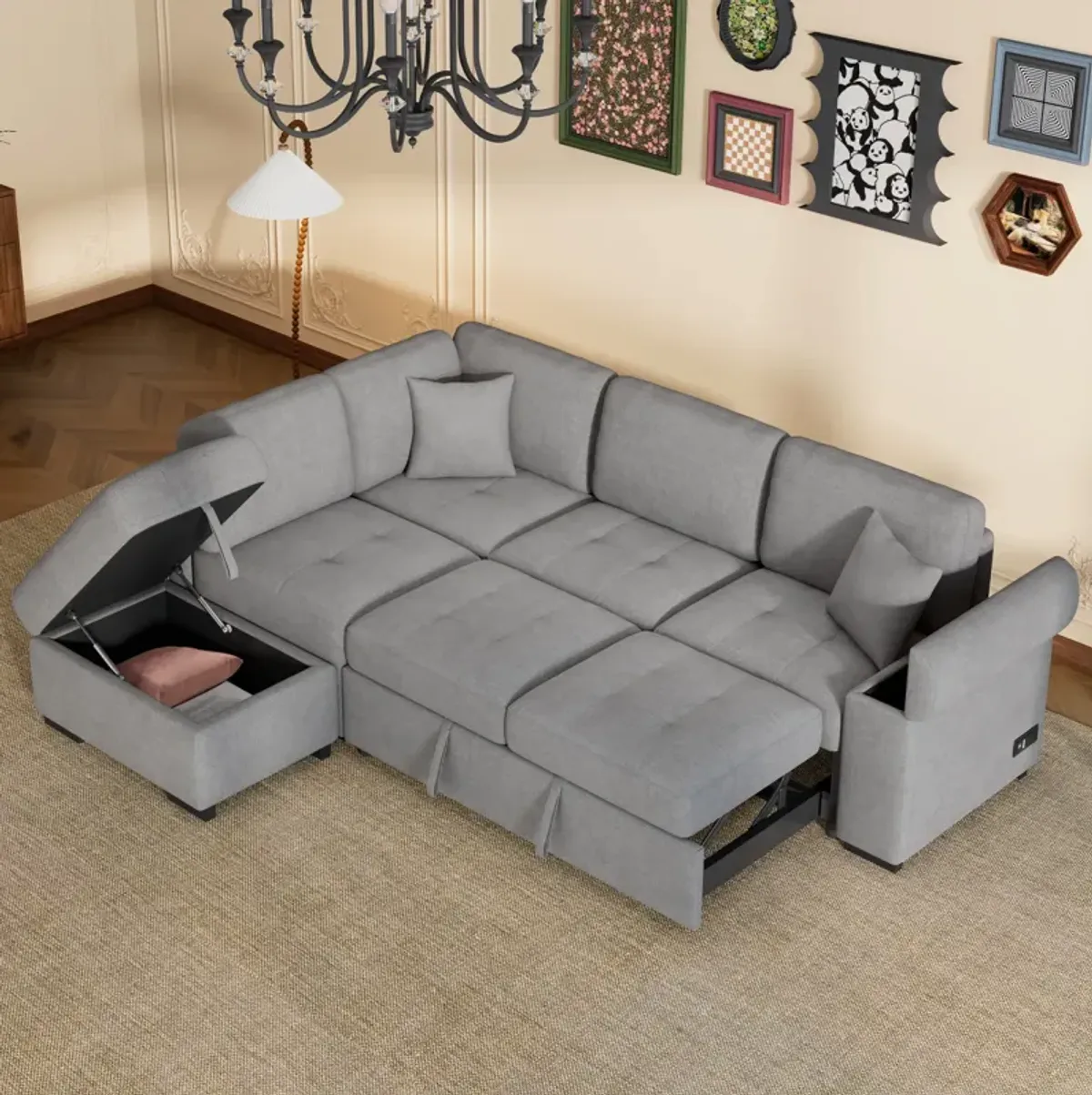 L-Shaped Sleeper Sectional Sofa with USB Charge