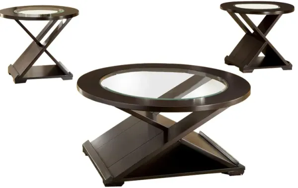 3 Piece Round Glass Coffee Table and End Table with X Shaped Base, Brown-Benzara