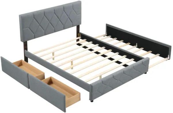 Queen Upholstered Platform Bed with Trundle and 2 Drawers No Box Spring Needed Noise Free-Gray