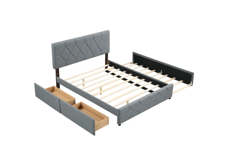 Queen Upholstered Platform Bed with Trundle and 2 Drawers No Box Spring Needed Noise Free-Gray