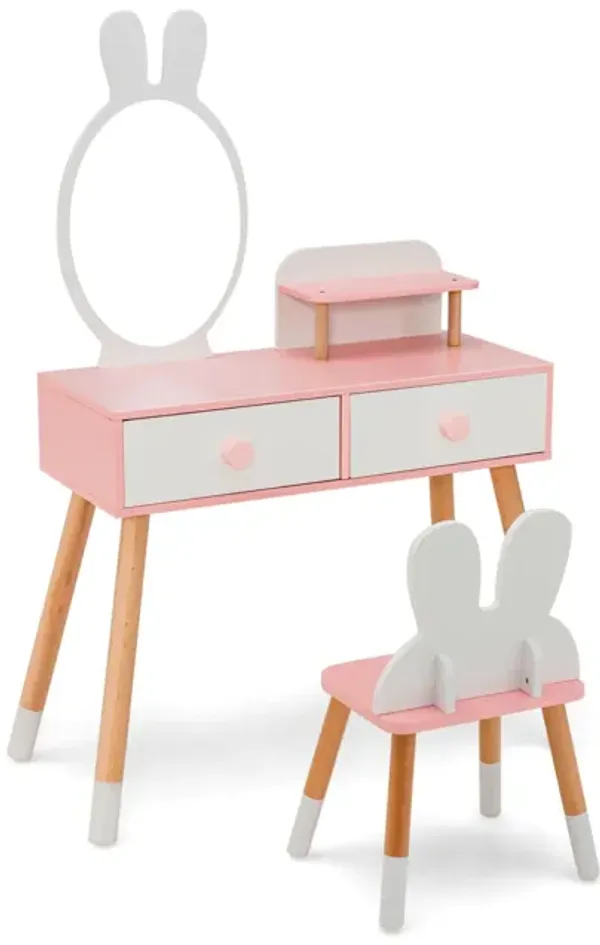 Kids Vanity Table and Chair Set with Drawer Shelf and Rabbit Mirror