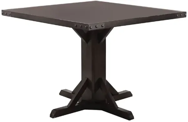 Square Wooden Dining Table with Pedestal Base and Metal Accents, Brown-Benzara