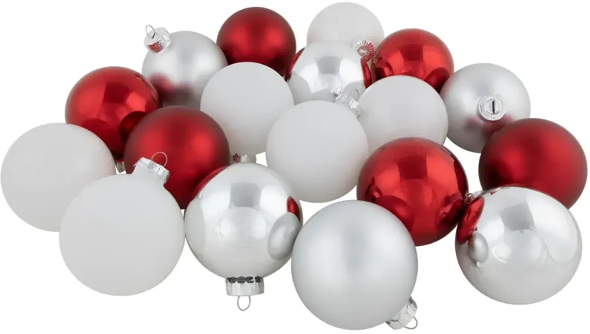 72ct Red  Silver and White Shiny and Matte Glass Ball Christmas Ornaments 3.25-4"