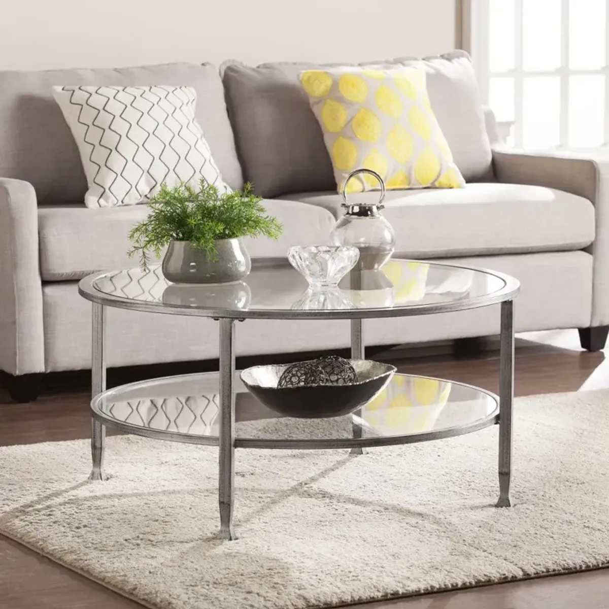 Hivvago 36" Silver Glass And Metal Round Coffee Table