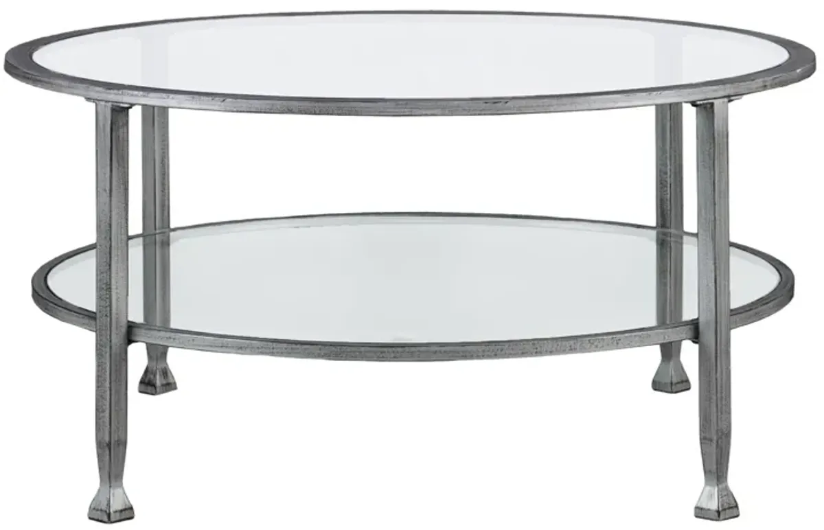 Homezia 36" Silver Glass And Metal Round Coffee Table