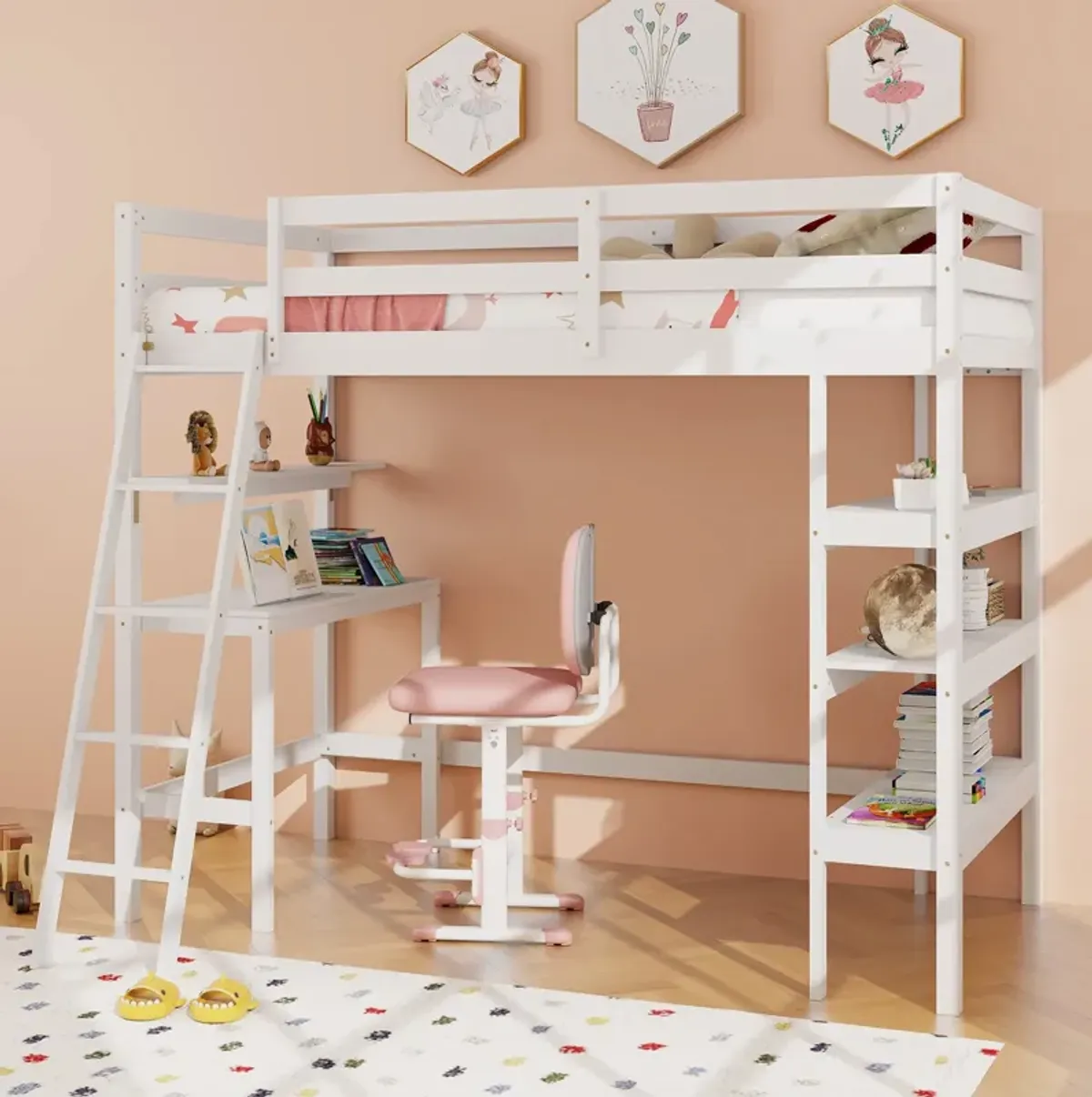 Twin Size Loft Bed with Desk and Bookshelves for Kids and Teens