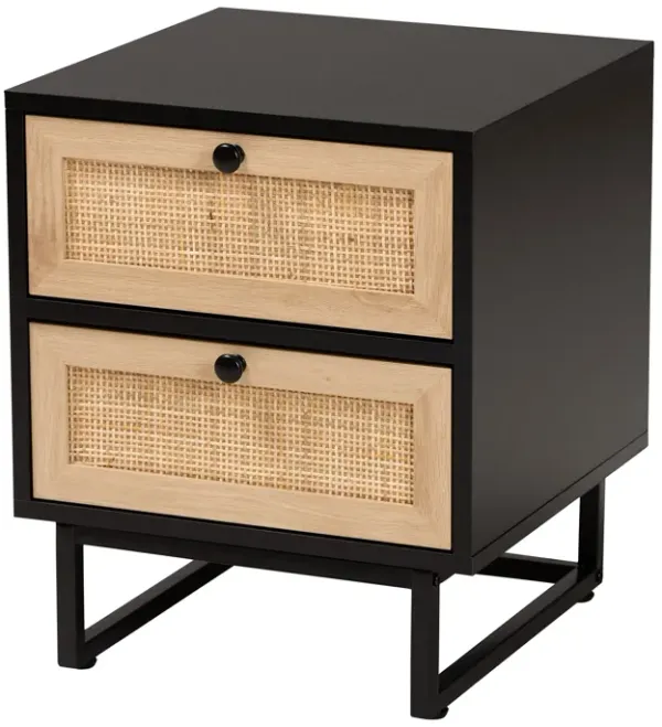 Baxton Studio Declan  Espresso Brown Finished Wood and Natural Rattan 2 Drawer End Table
