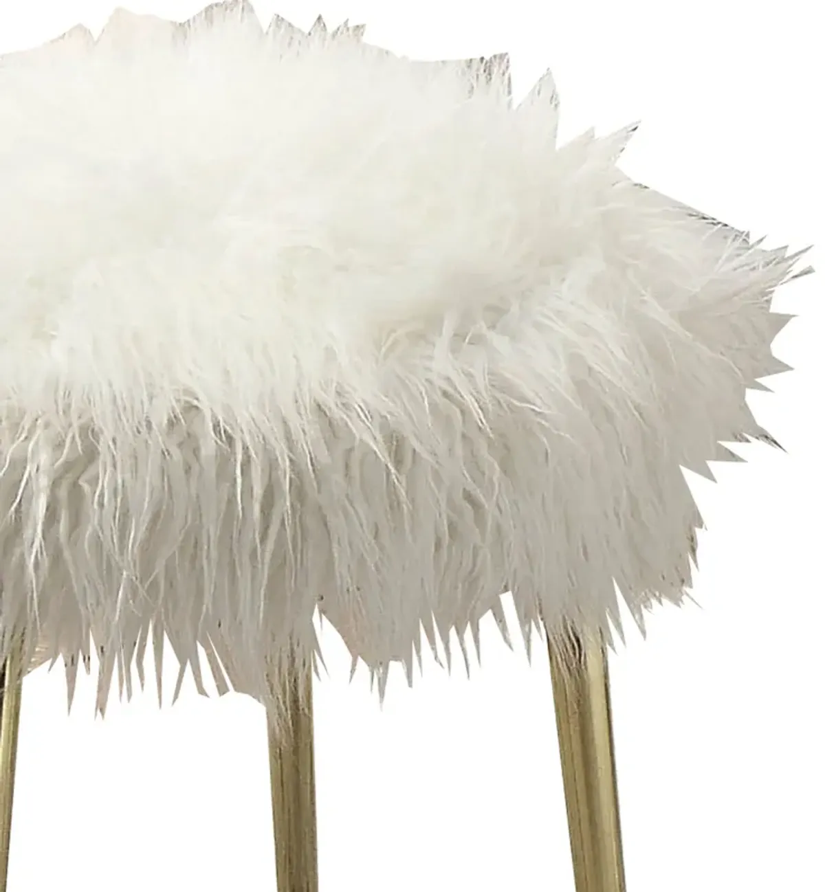 Faux Fur Upholstered Contemporary Metal Ottoman, White and Gold-Benzara