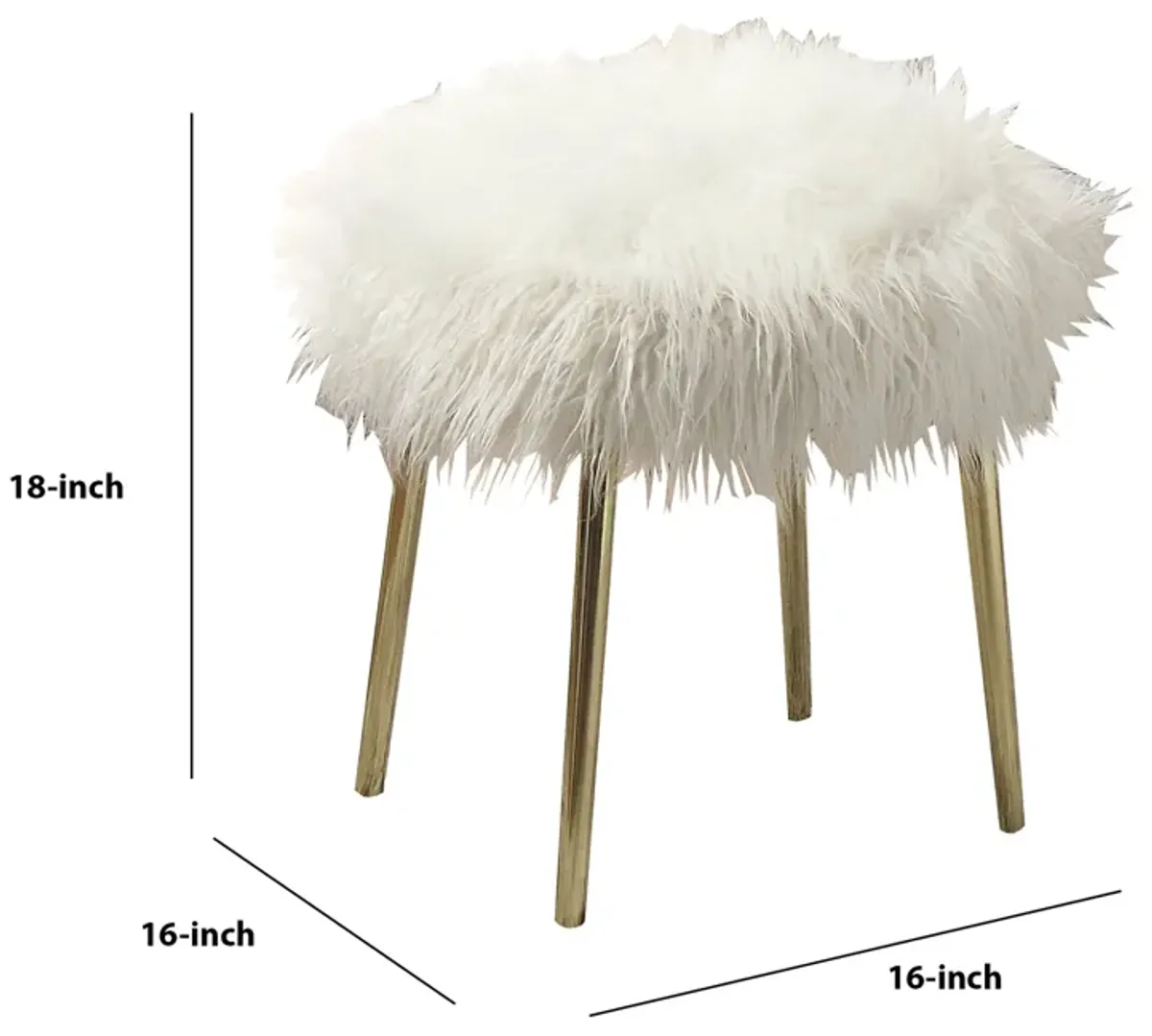 Faux Fur Upholstered Contemporary Metal Ottoman, White and Gold-Benzara