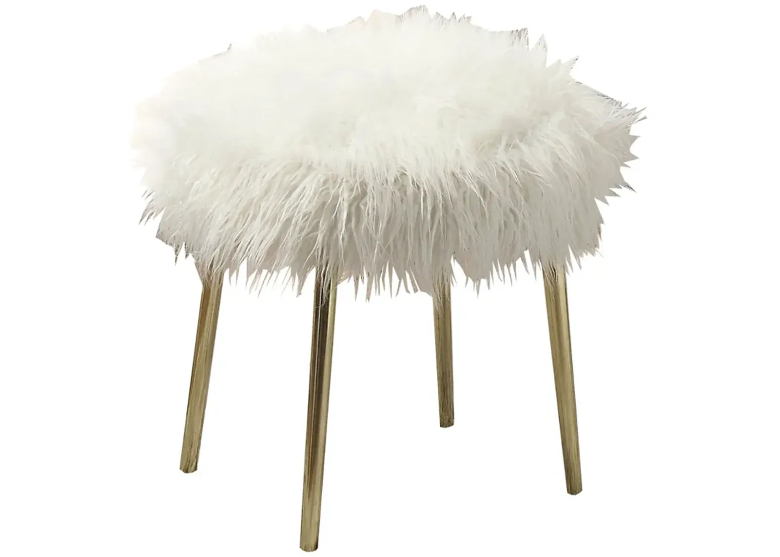 Faux Fur Upholstered Contemporary Metal Ottoman, White and Gold-Benzara