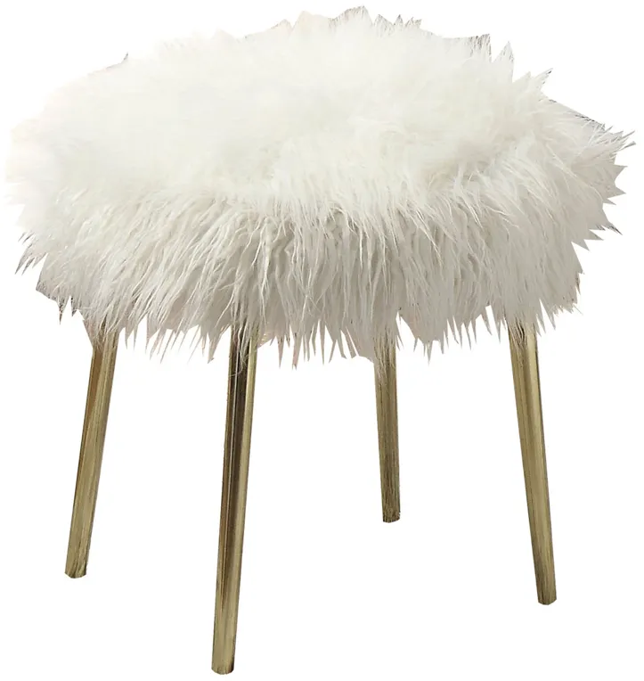 Faux Fur Upholstered Contemporary Metal Ottoman, White and Gold-Benzara