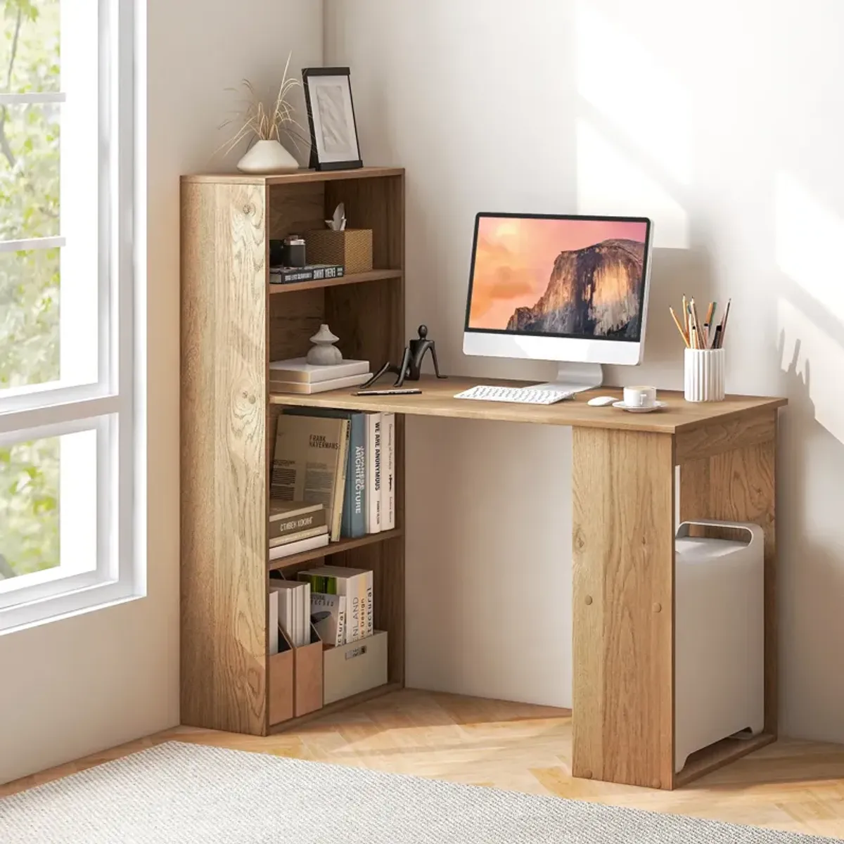 48 Inch Computer Desk with 4-Tier Bookcase and CPU Stand