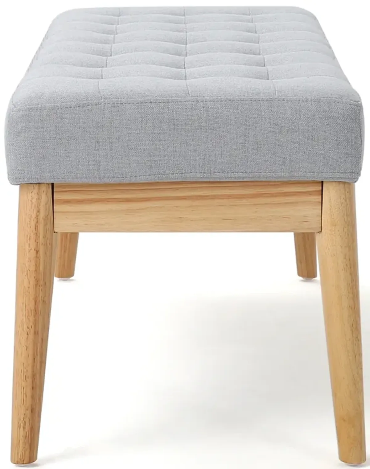 Gisa Ottoman Bench, Light Gray Fabric Tufted Seat, Brown Wood, 44 Inch -Benzara