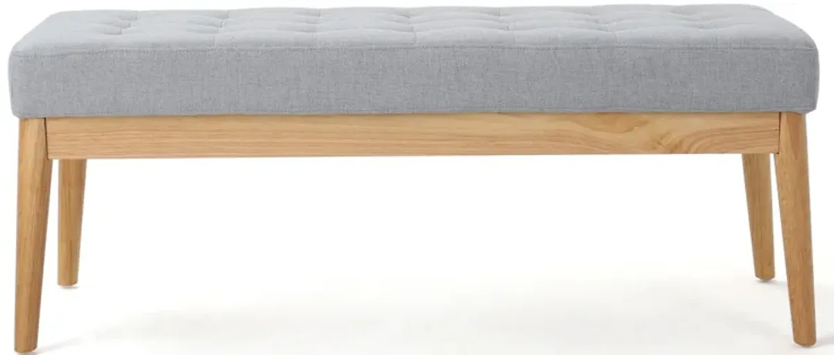 Gisa Ottoman Bench, Light Gray Fabric Tufted Seat, Brown Wood, 44 Inch -Benzara