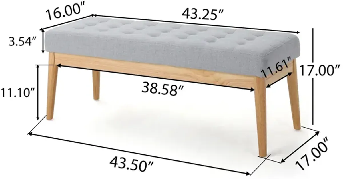 Gisa Ottoman Bench, Light Gray Fabric Tufted Seat, Brown Wood, 44 Inch -Benzara