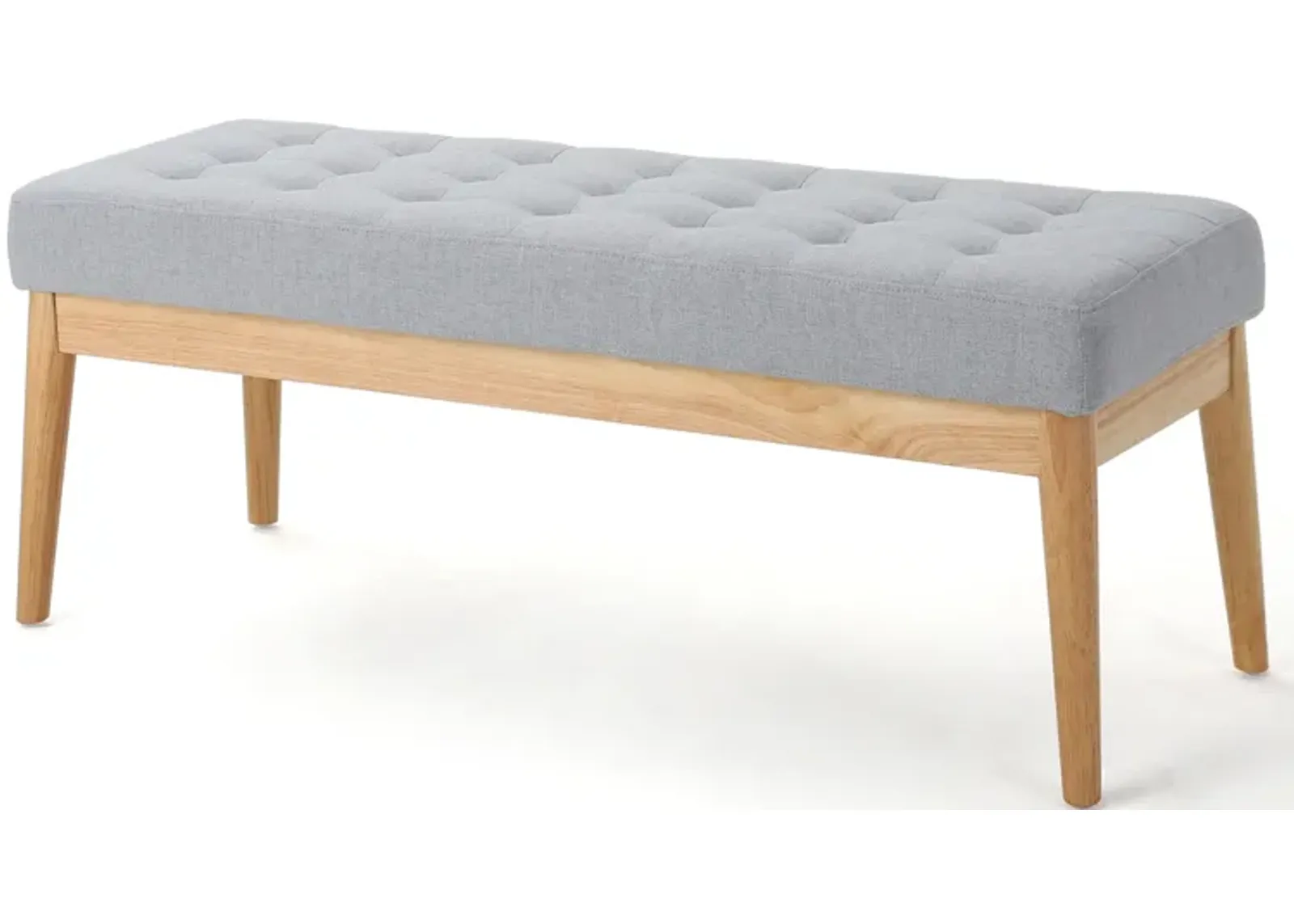 Gisa Ottoman Bench, Light Gray Fabric Tufted Seat, Brown Wood, 44 Inch -Benzara