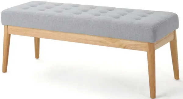 Gisa Ottoman Bench, Light Gray Fabric Tufted Seat, Brown Wood, 44 Inch - Benzara