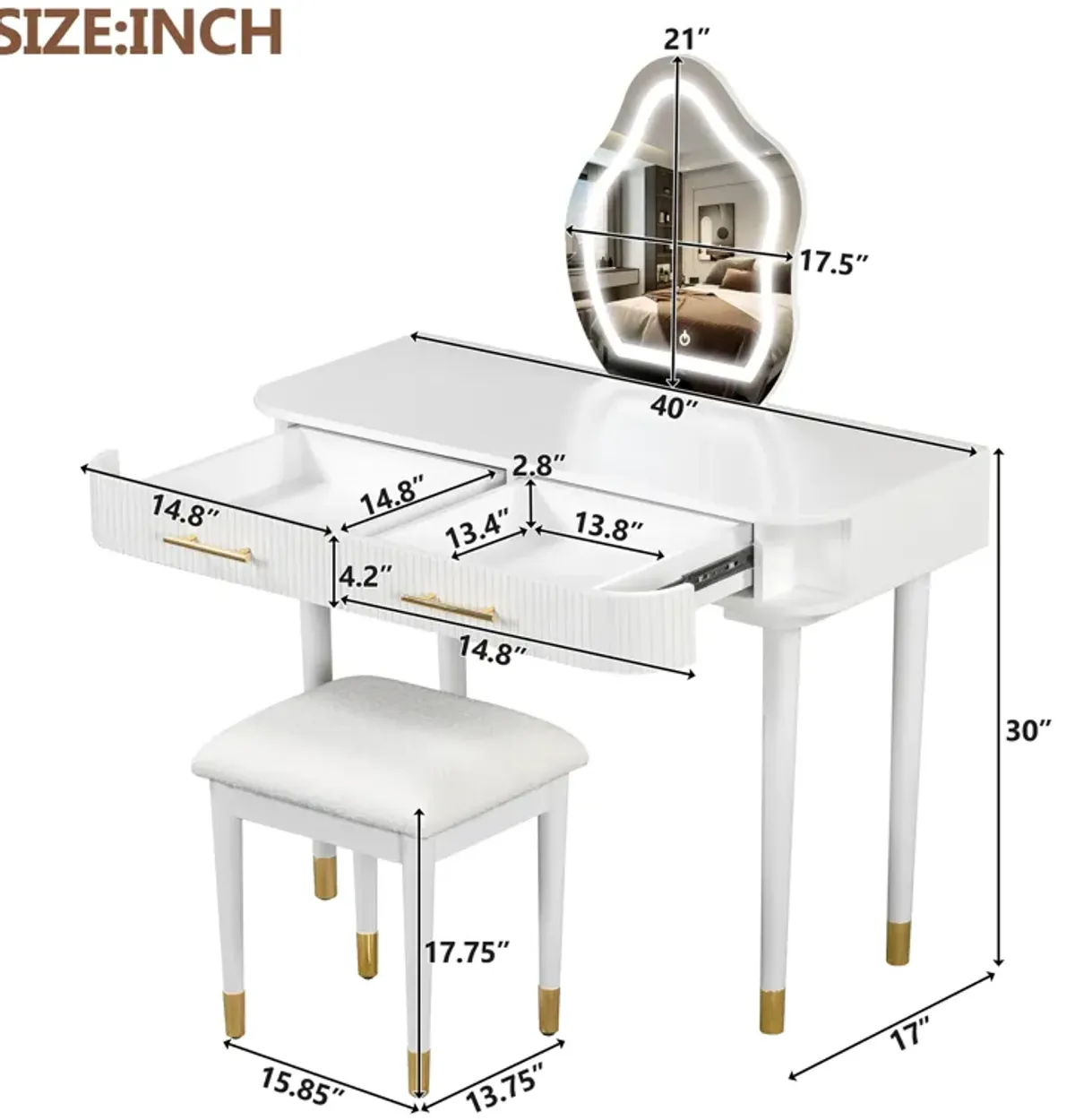 40" Modern Vanity Table Set with Mirror Touch Screen Lighted Mirror, Dressing Table and Cushioned Stool Set with 2 Large Drawers, White