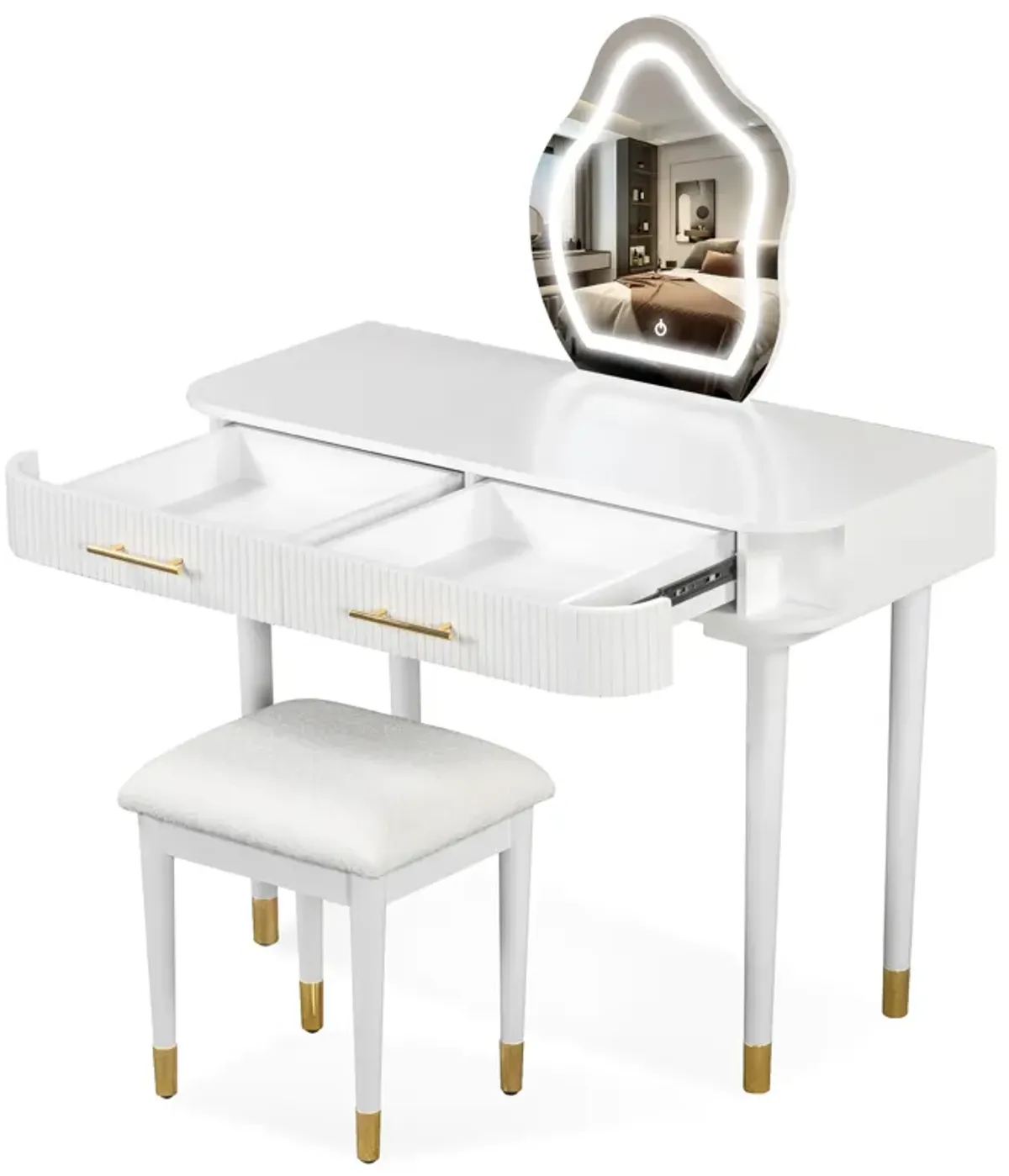 40" Modern Vanity Table Set with Mirror Touch Screen Lighted Mirror, Dressing Table and Cushioned Stool Set with 2 Large Drawers, White