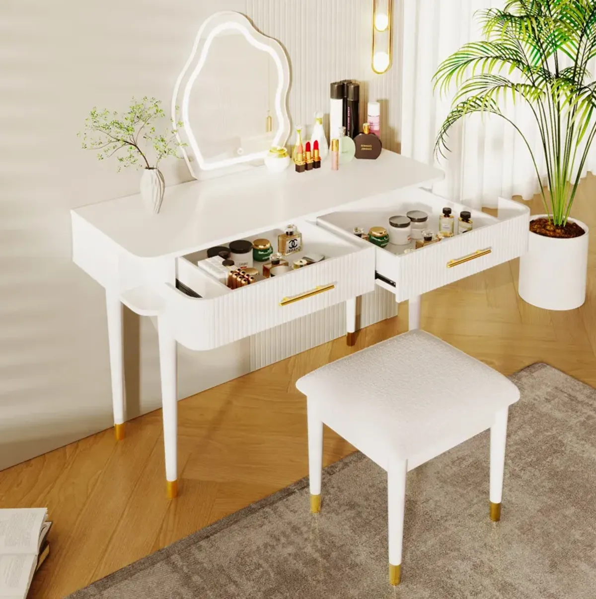 40" Modern Vanity Table Set with Mirror Touch Screen Lighted Mirror, Dressing Table and Cushioned Stool Set with 2 Large Drawers, White