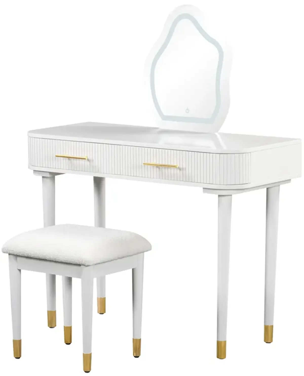 40" Modern Vanity Table Set with Mirror Touch Screen Lighted Mirror, Dressing Table and Cushioned Stool Set with 2 Large Drawers, White