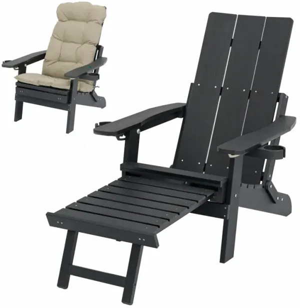 HIPS Poly Lumber Lounge chair with Cup Holders, High Backest and Deep Contoured Seat, for Outdoor/Sandbeach/Yard(Carbon Black)