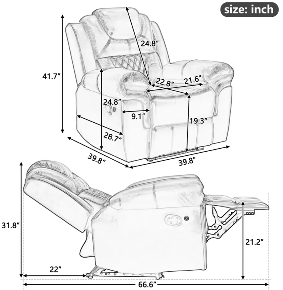 Home Theater Seating Manual Recliner Chair With LED Light Strip For Living Room, Bedroom