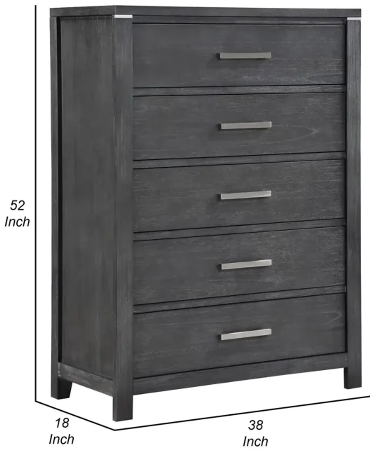 Benjara Tal 52 Inch Tall Dresser Chest, 5 Drawers, Handles, Charcoal, Gray, Chrome