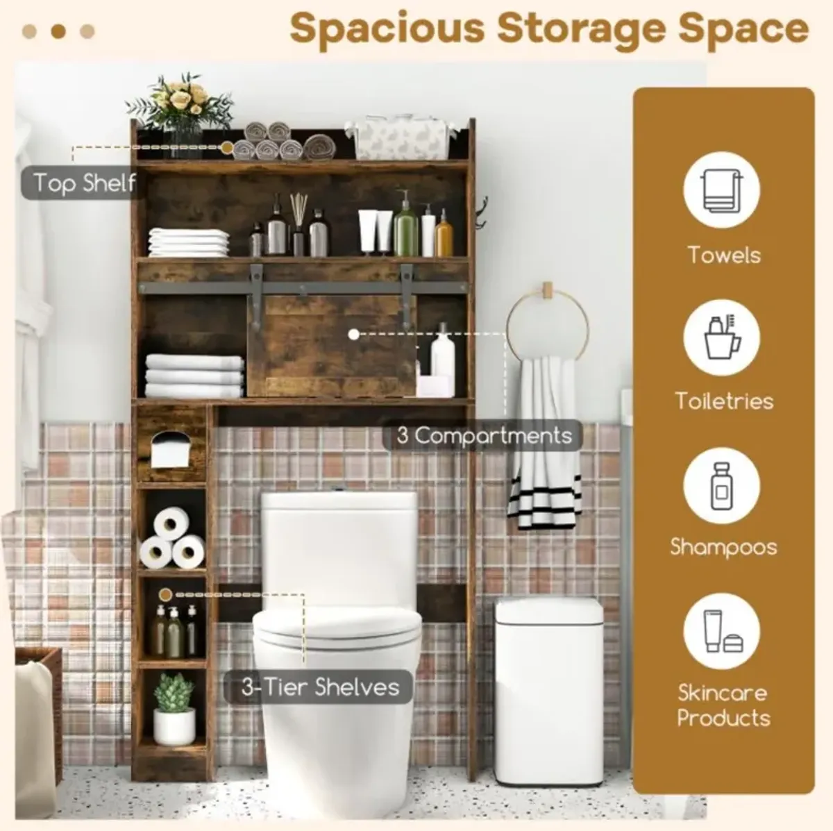 Hivvago Over The Toilet Storage Cabinet with Sliding Barn Door and Adjustable Shelves