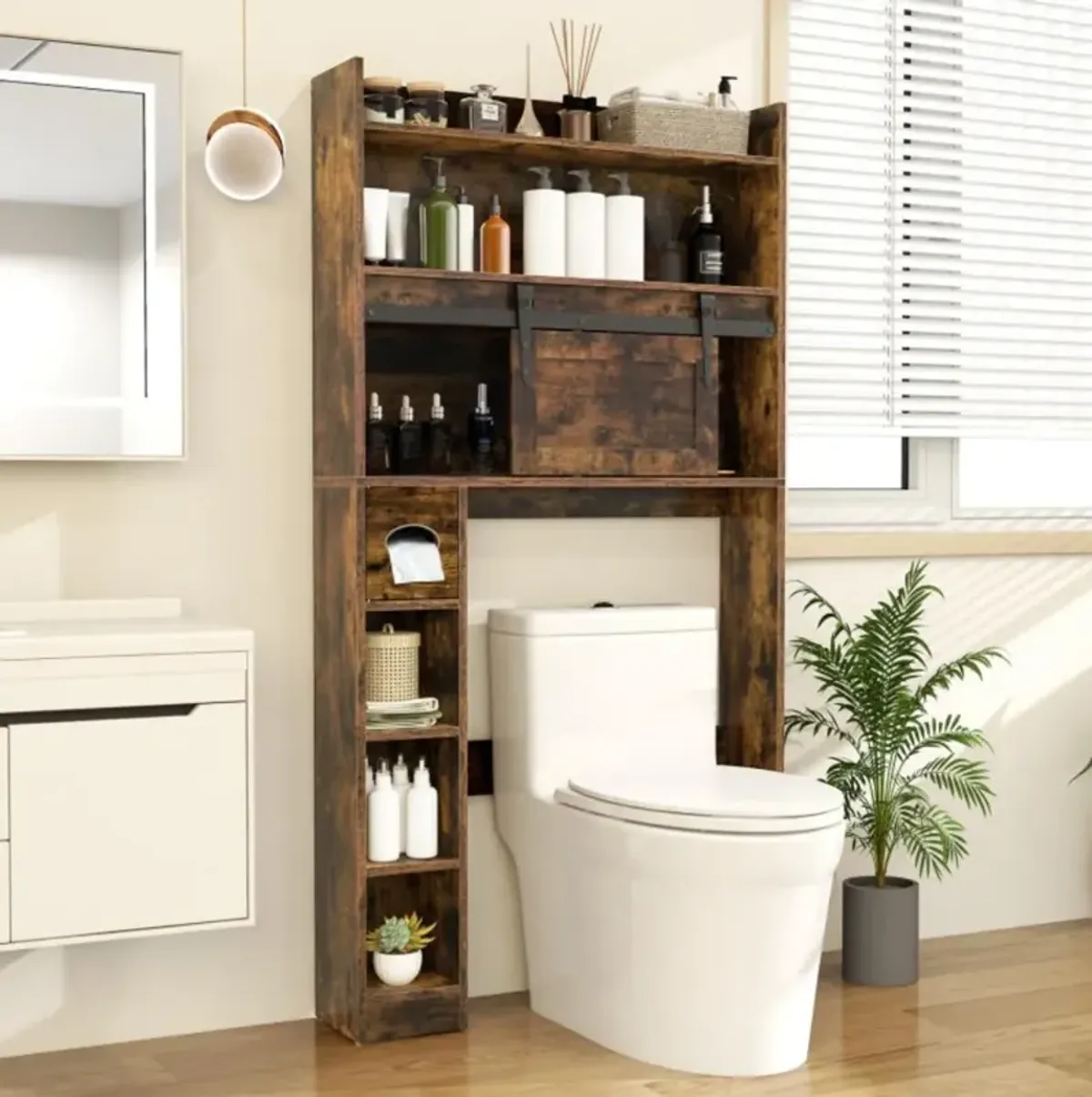 Hivvago Over The Toilet Storage Cabinet with Sliding Barn Door and Adjustable Shelves