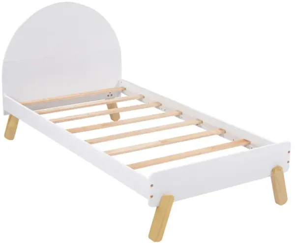 Wooden Cute Platform Bed With Curved Headboard, Twin Size Bed With Shelf Behind Headboard