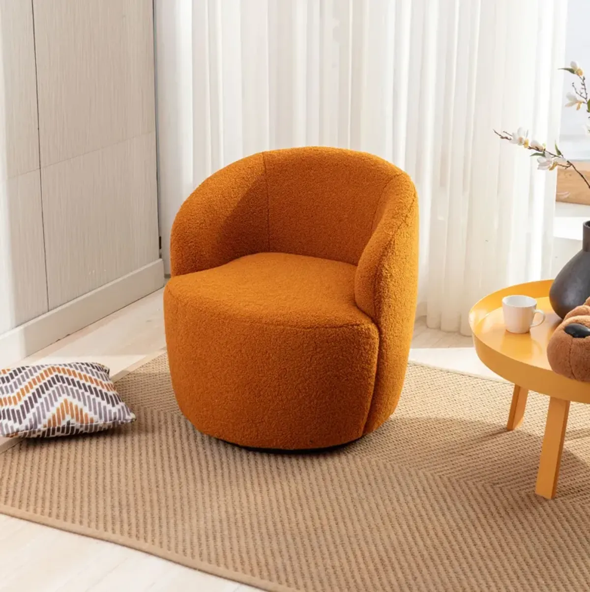 Teddy Fabric Swivel Accent Armchair Barrel Chair With Powder Coating Metal Ring