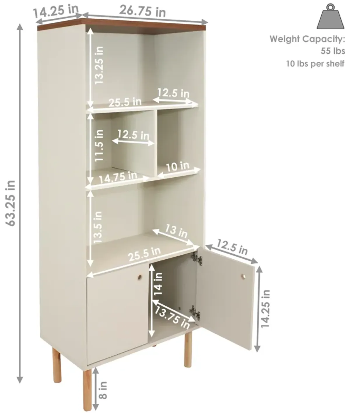 Sunnydaze Mid-Century Modern 5-Shelf Bookshelf with Storage Cabinet - Latte