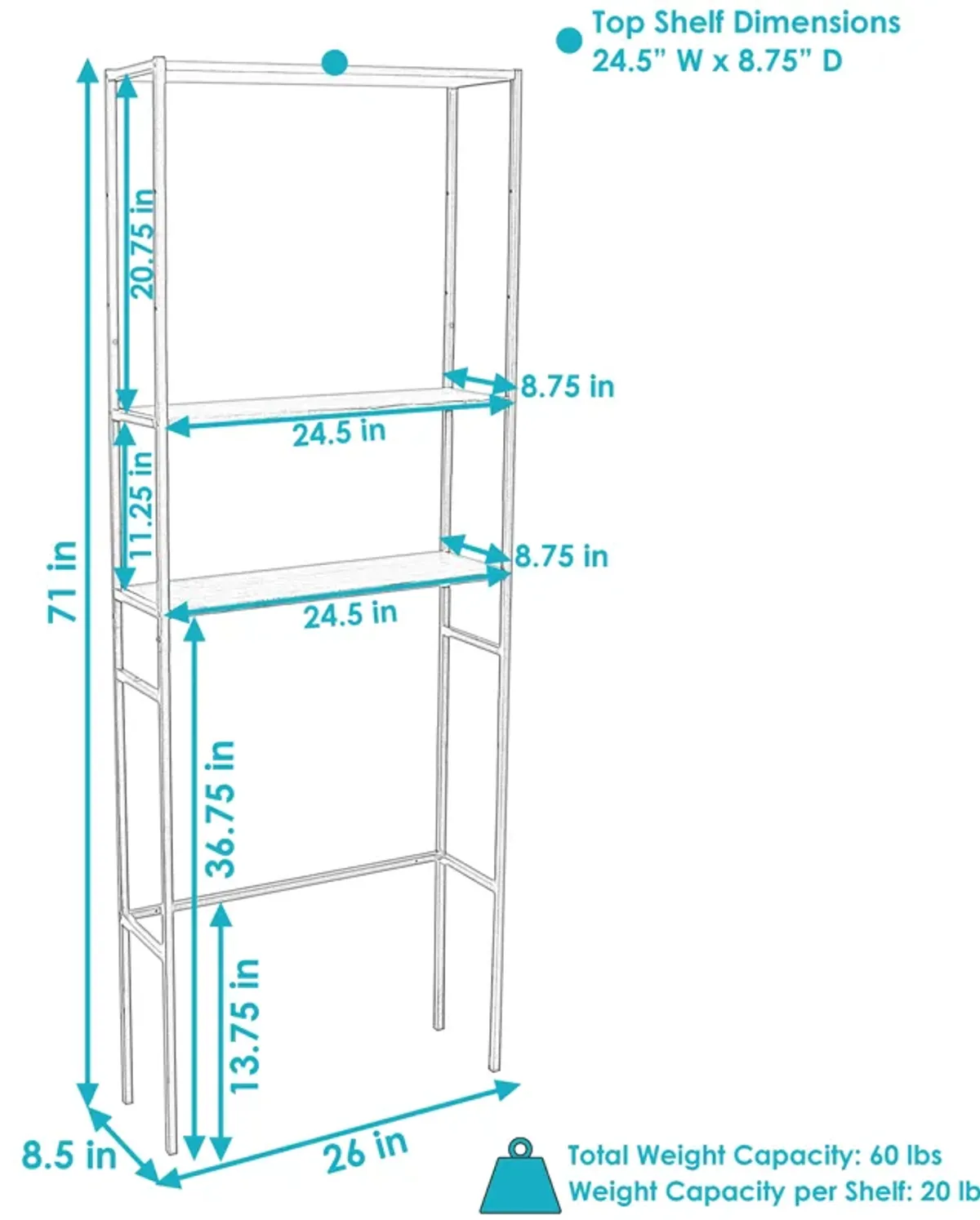 Sunnydaze 3-Tier Over-the-Toilet Bathroom Storage Shelf - 71-Inch - Teak