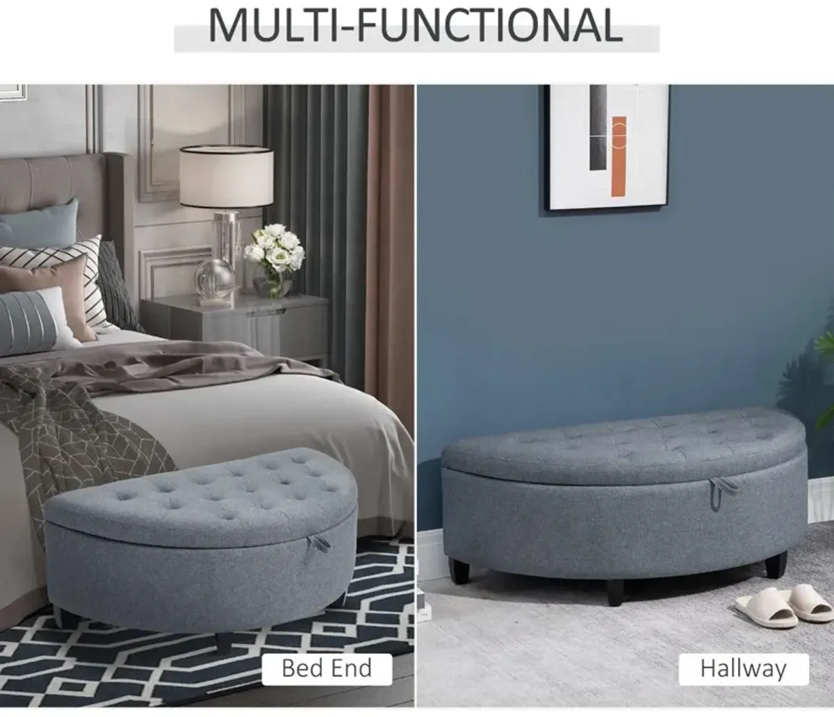 Gray Entryway Elegance: Half Moon Storage Ottoman Bench