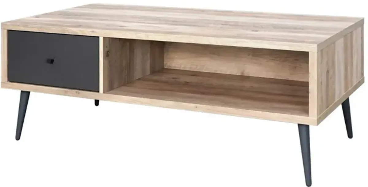 Carly 47 Inch Coffee Table, Tapered Legs, 1 Drawer, Light Brown and Gray - Benzara