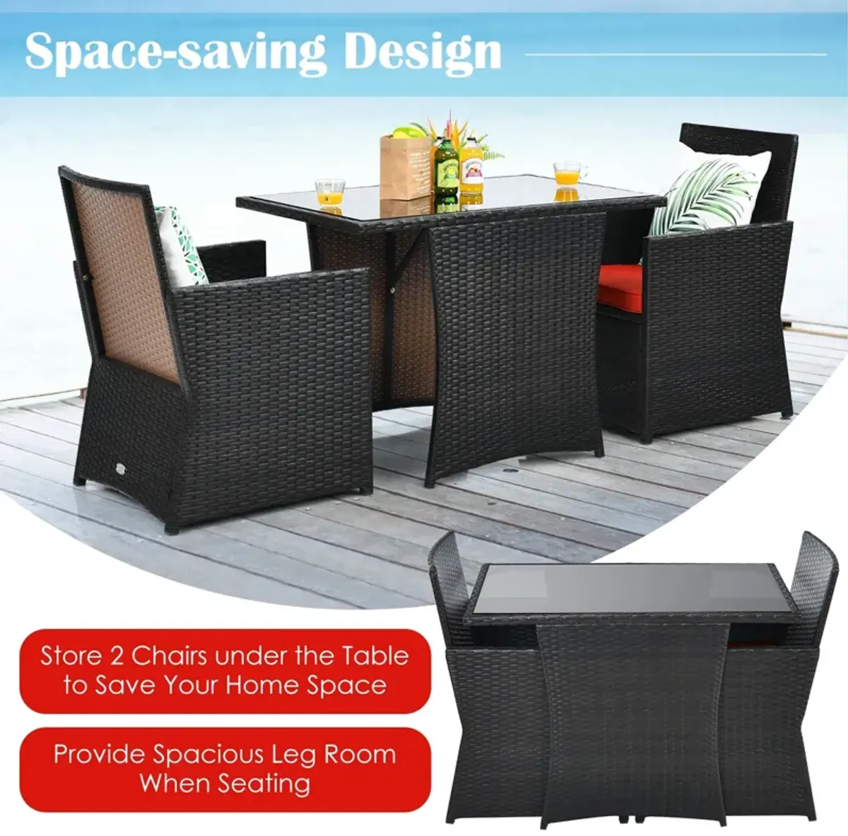 3 Pieces Patio Rattan Furniture Set with Cushion and Sofa Armrest