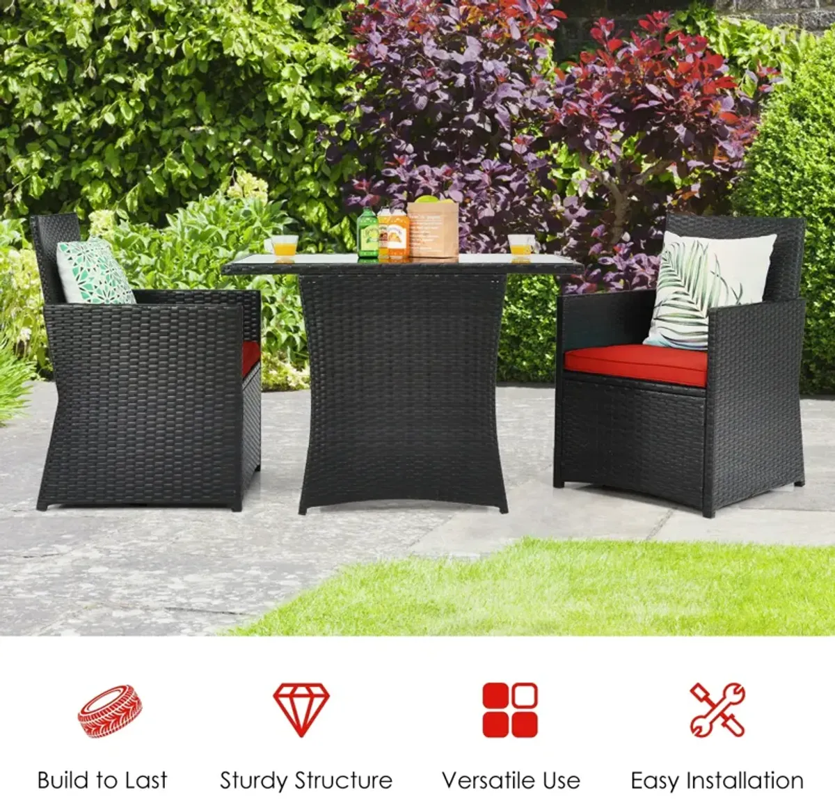 3 Pieces Patio Rattan Furniture Set with Cushion and Sofa Armrest