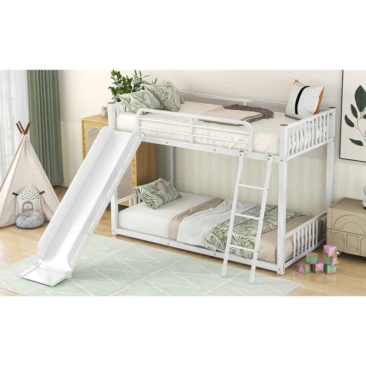 Metal Bunk Bed with Slide, Twin over Twin, White