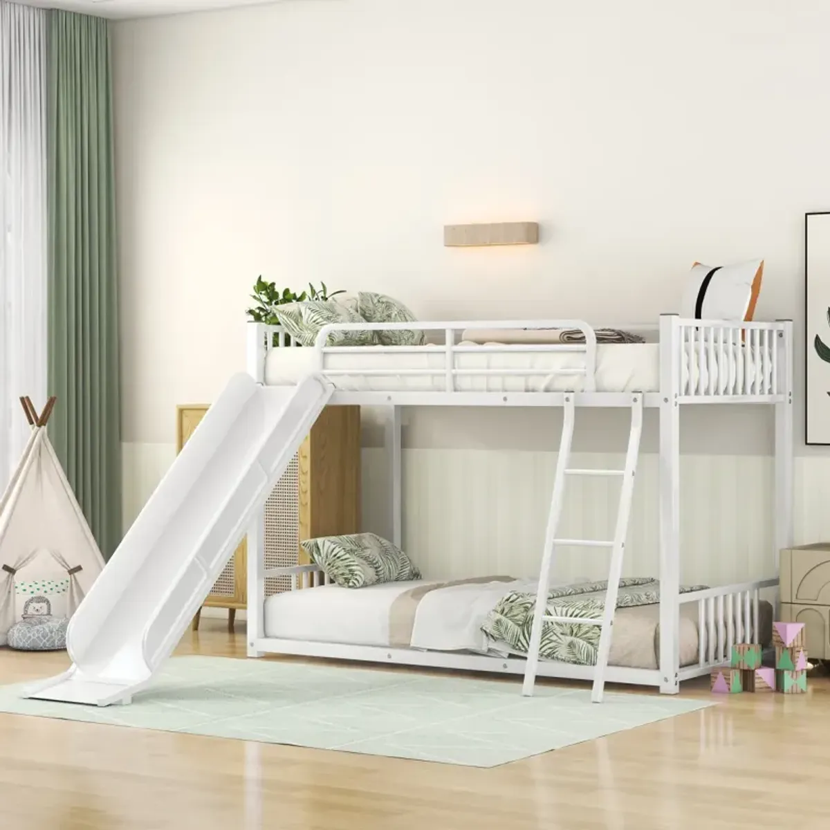 Metal Bunk Bed With Slide, Twin Over Twin