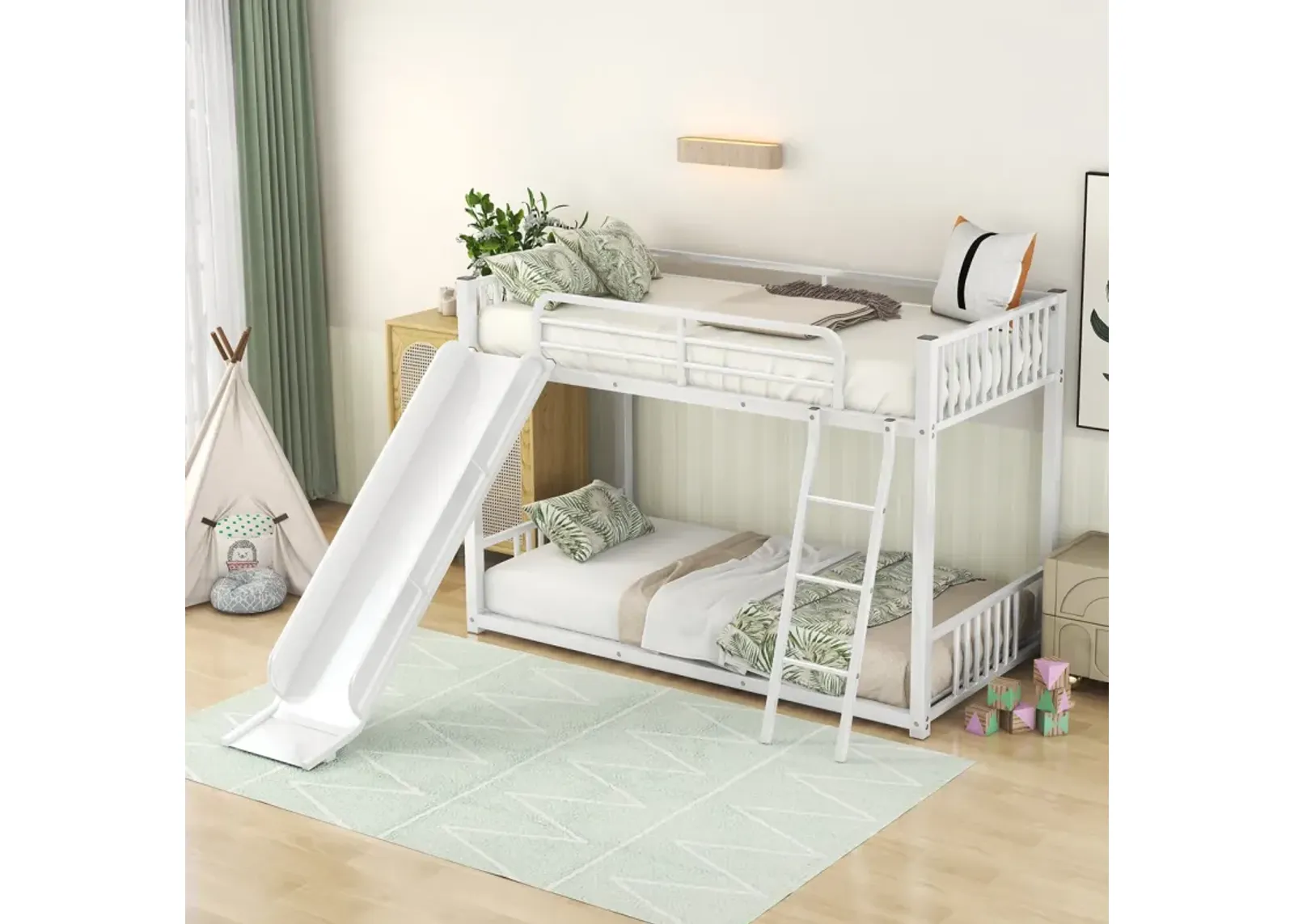 Metal Bunk Bed With Slide, Twin Over Twin