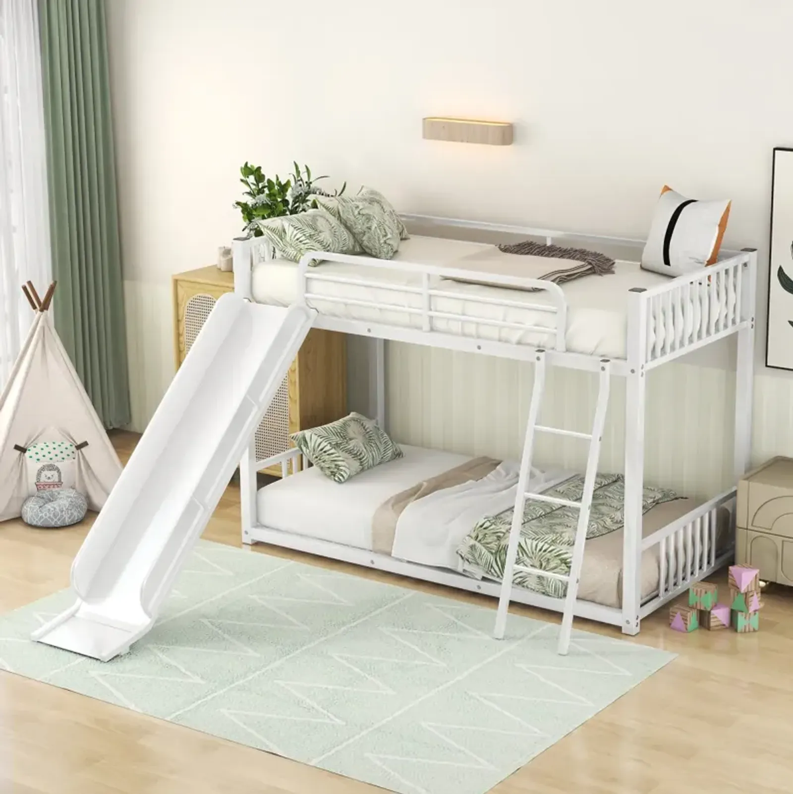 Metal Bunk Bed With Slide, Twin Over Twin