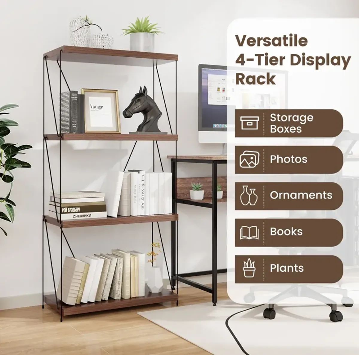 Multipurpose Display Rack with Metal Frame, Tiered Shelving