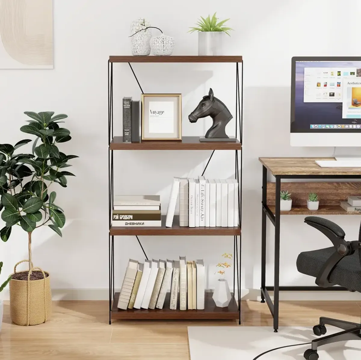 Multipurpose Display Rack with Metal Frame, Tiered Shelving