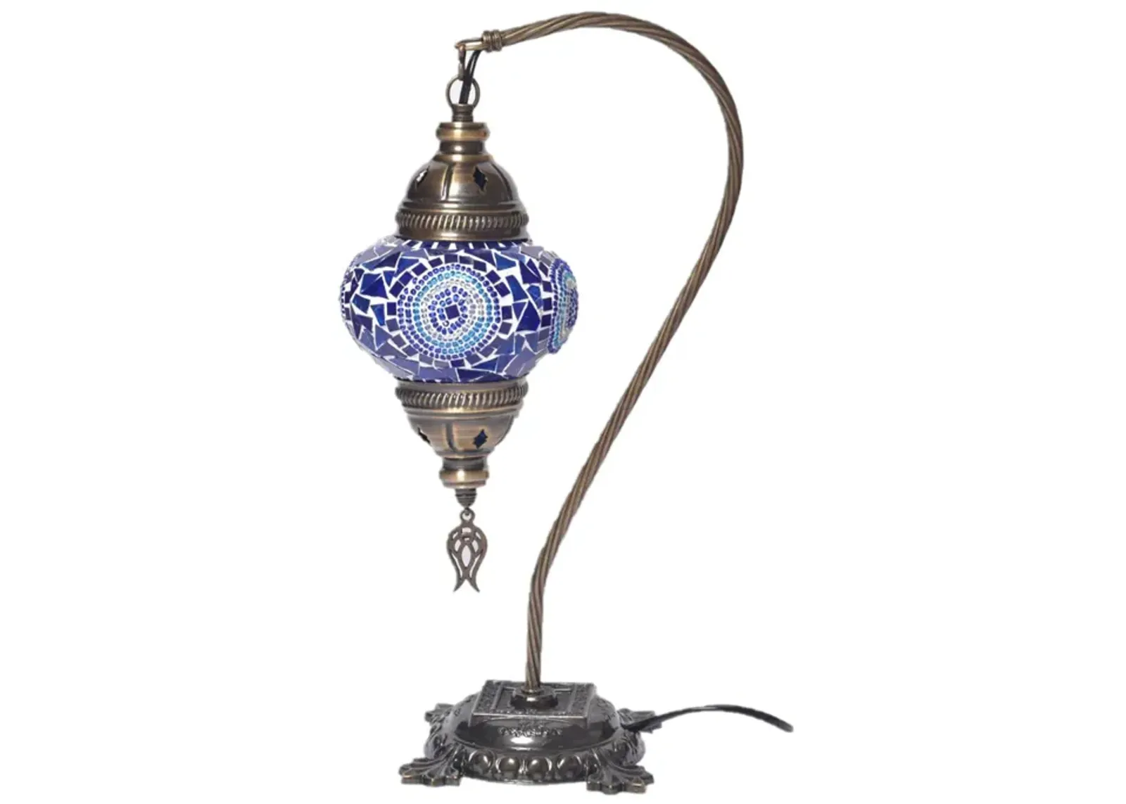 18 in. Handmade Azure Neck Brown Mosaic Glass Table Lamp with Brass Color Metal Base