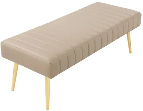 Lida 45 Inch Bench, Modern Tufted Lines, Beige Faux Leather, Gold Metal - Benzara